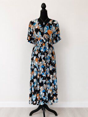 2PC Floral Maxi Dress Set | Blue Orange White V-Neck Dress/Evil Eye Necklace M/L